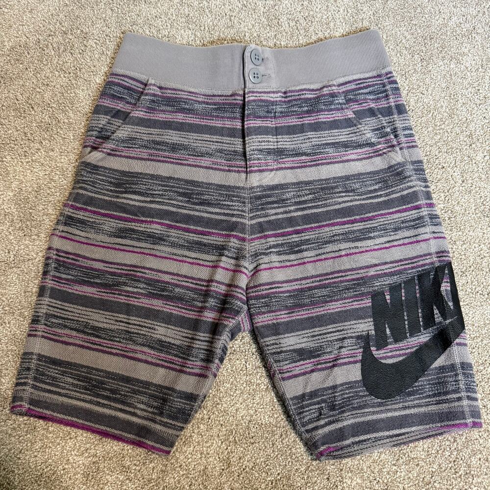 Nike FC Men’s Small Striped Sweat Shorts Gray Purple Big Logo Swoosh Casual